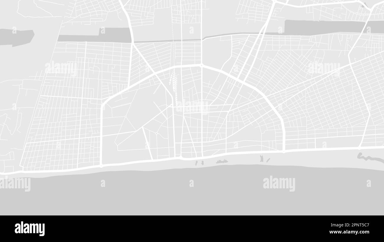 Fondo Mapa de Lomé, Togo, cartel de ciudad blanco y gris claro. Mapa vectorial con carreteras y agua. Hoja de ruta de diseño plano digital con proporción panorámica. Ilustración del Vector