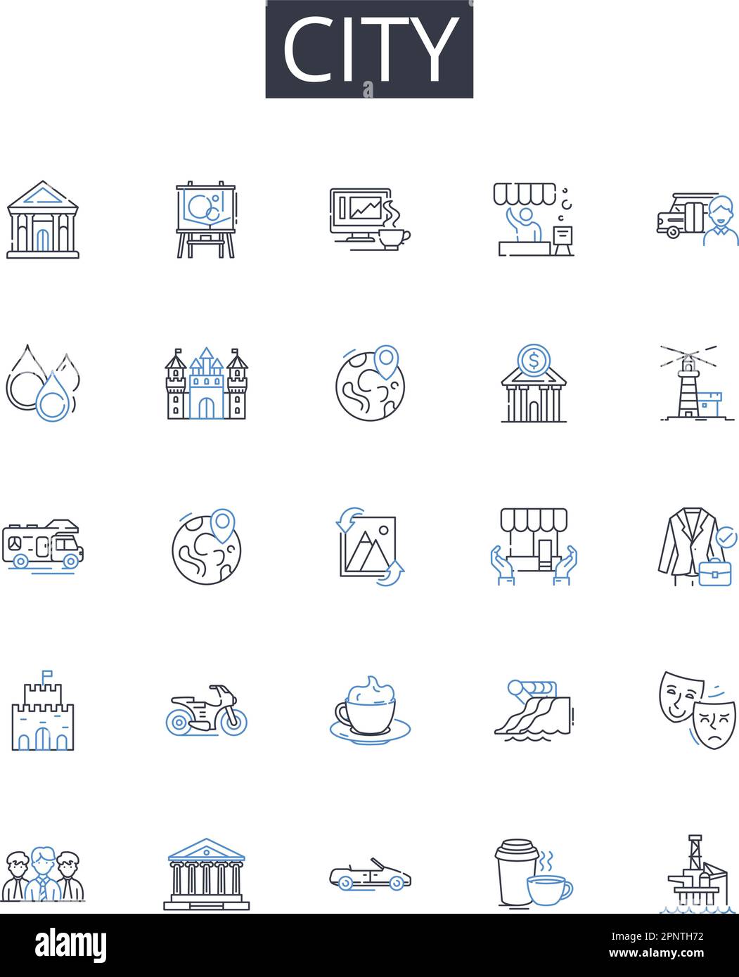 Colección de iconos de línea de ciudad. Ciudad, Metrópolis, Capital, Municipio, Municipio, Asentamiento, vector de conurbación e ilustración lineal. Zona urbana Ilustración del Vector