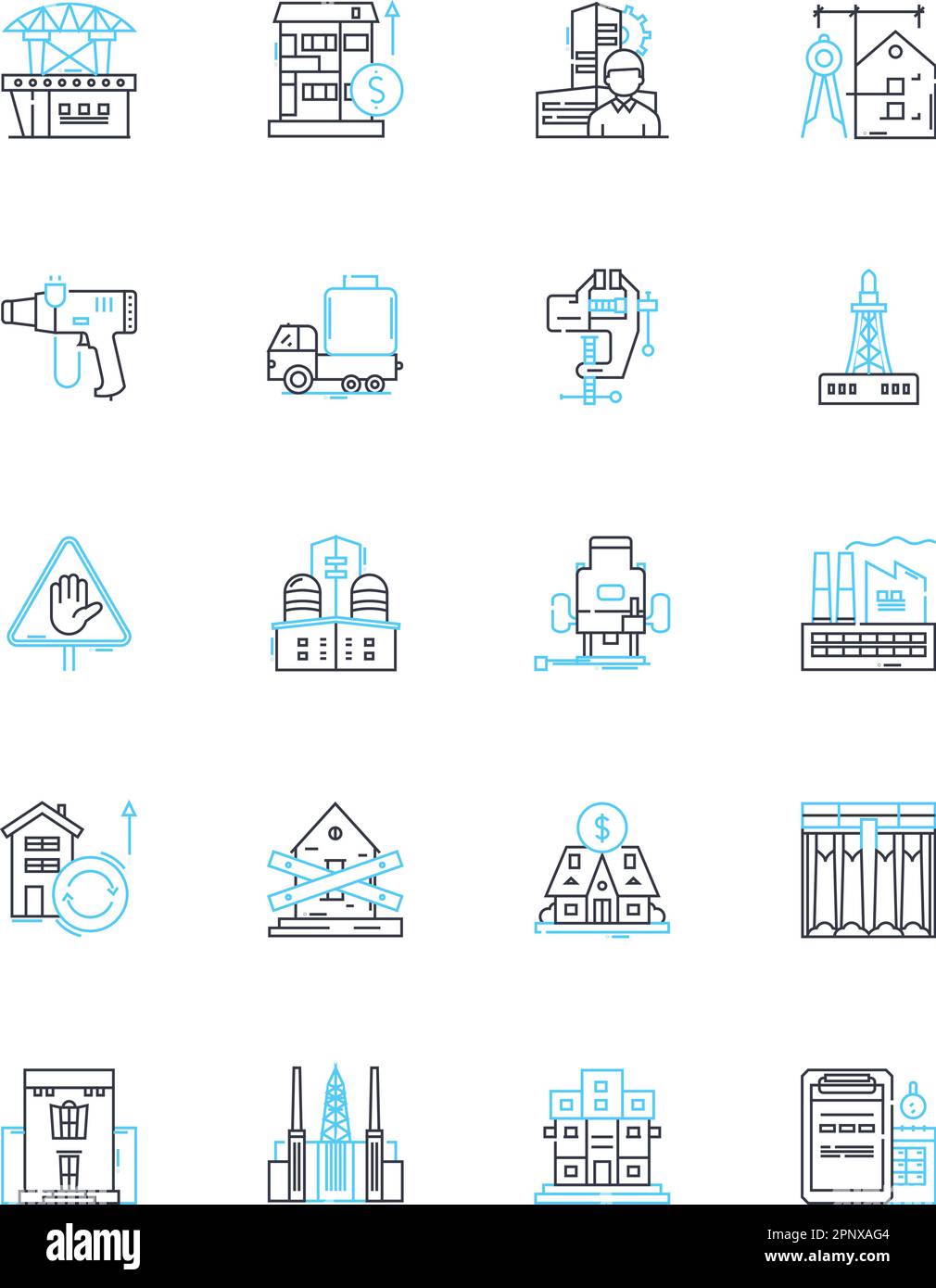 Conjunto de iconos lineales de forma de paisaje urbano. Arquitectura, Urbanización, Rascacielos, Puntos de interés, Paisajes urbanos, Infraestructura, vector de línea de desarrollo y. Ilustración del Vector