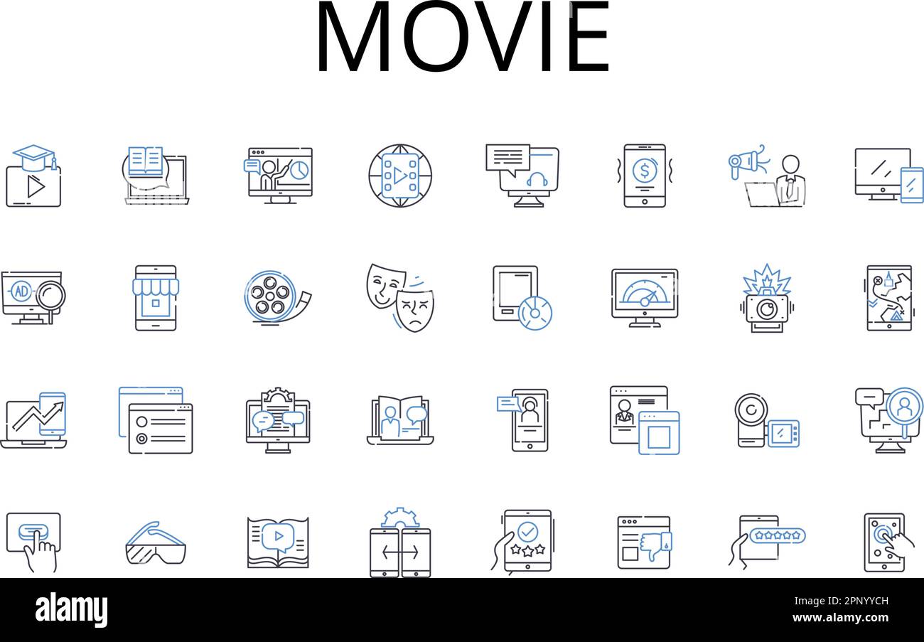 Colección de iconos de línea de película. Película, Película, Pelear, Guión, Característica, Espectáculo de imágenes, vector de imagen en movimiento e ilustración lineal. Cine Ilustración del Vector