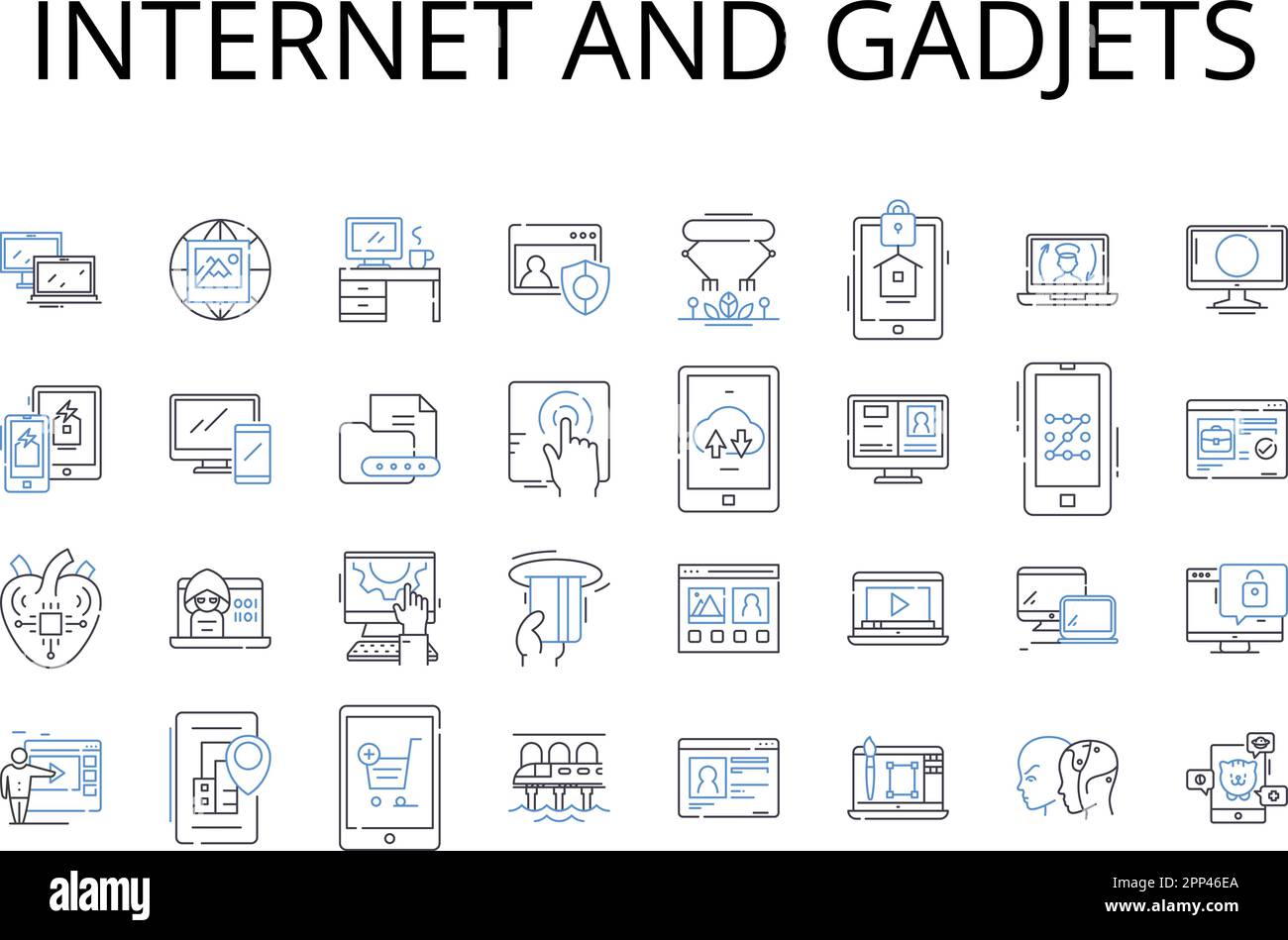 Internet y gadjets línea de iconos colección. World Wide Web, Ciberespacio, En línea, Nerk, Web, Digital, información de supercarretera vectorial y lineal Ilustración del Vector