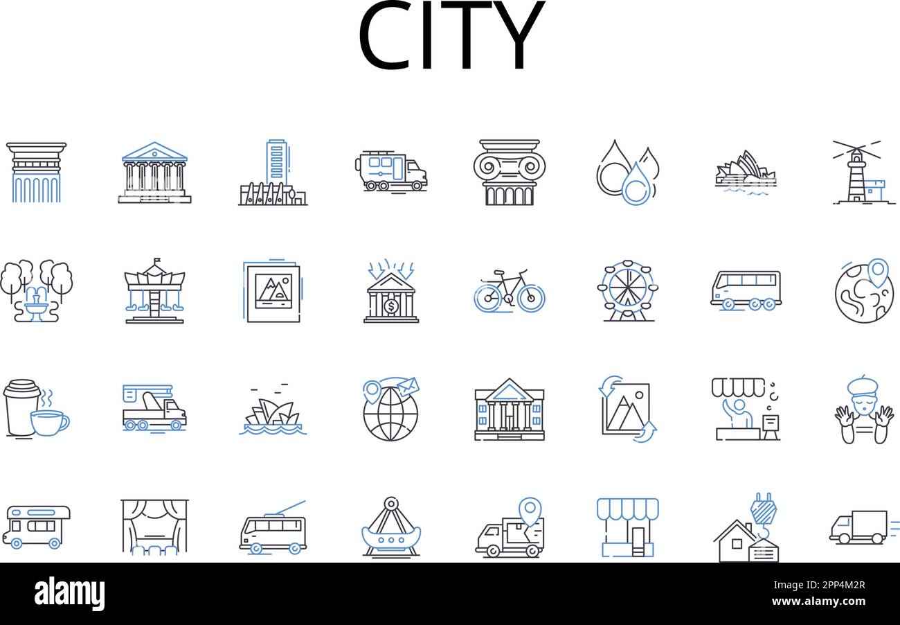 Colección de iconos de línea de ciudad. Ciudad, Metrópolis, Capital, Municipio, Municipio, Asentamiento, vector de conurbación e ilustración lineal. Zona urbana Ilustración del Vector