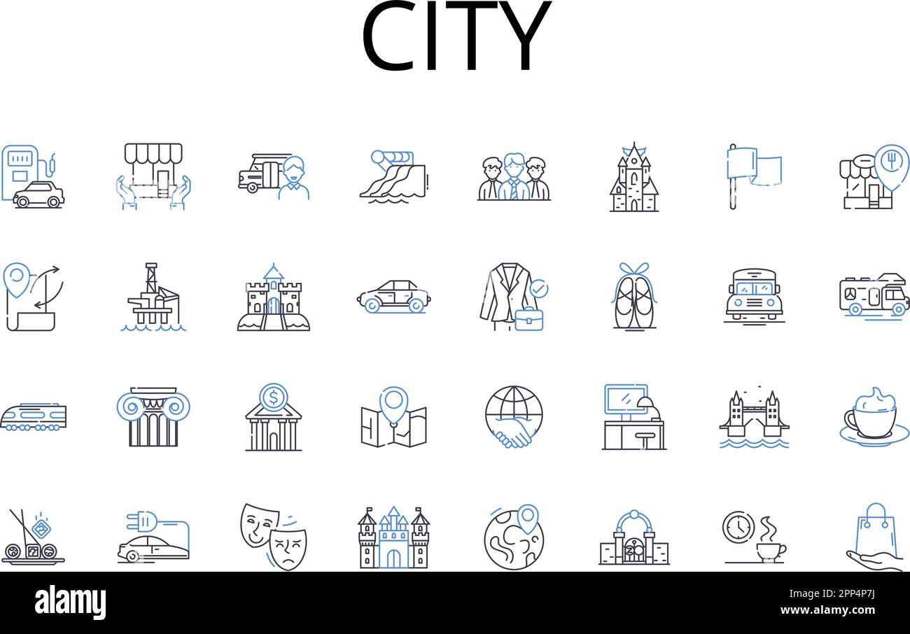 Colección de iconos de línea de ciudad. Ciudad, Metrópolis, Capital, Municipio, Municipio, Asentamiento, vector de conurbación e ilustración lineal. Zona urbana Ilustración del Vector