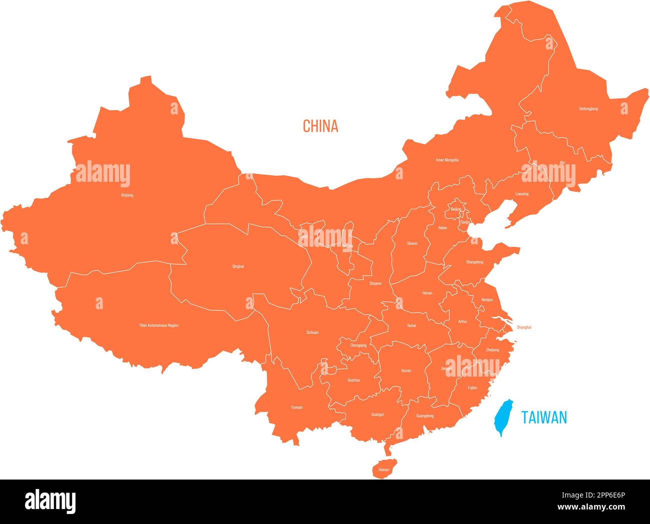 Mapa político de Taiwán y China. Ambos países con divisiones
