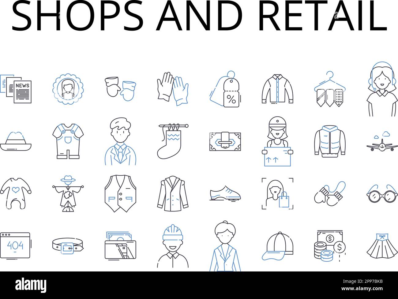 Tiendas y colección de iconos de línea minorista. Boutiques, Tiendas, Mercados, Outlets, Supermercados, Centros comerciales, tiendas departamentales vector e ilustración lineal Ilustración del Vector