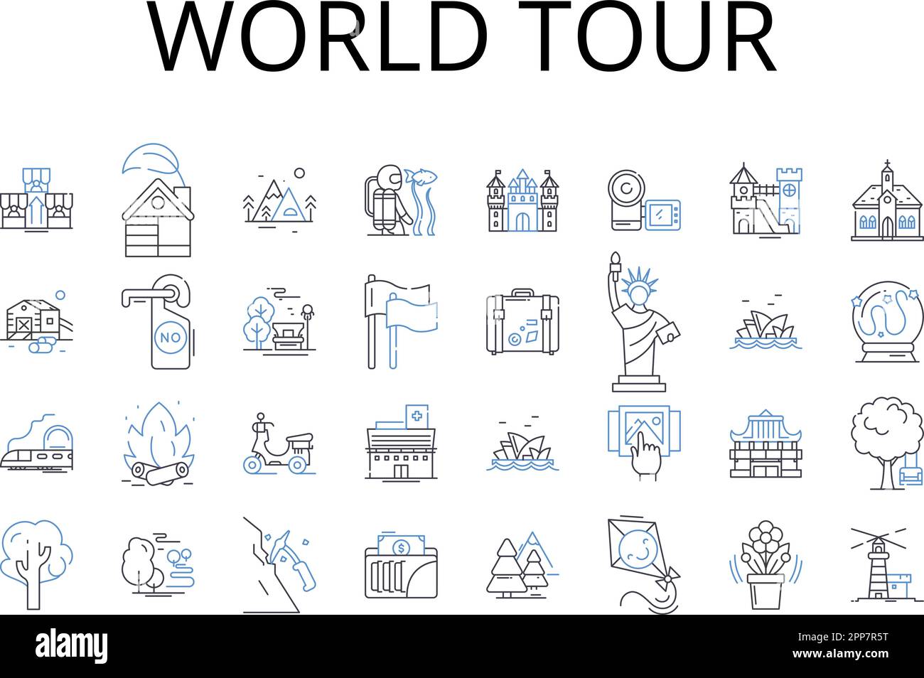 Colección de iconos de línea World tour. Viaje salvaje, Viaje urbano, Alta aventura, Daring odyssey, Viaje global, Continental hop, vector de itinerancia cultural y. Ilustración del Vector