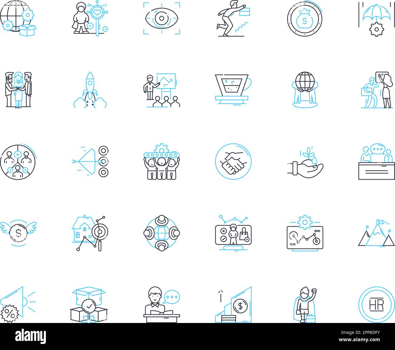 Ajuste de iconos lineales de regulación comercial. Competencia, Antimonopolio, Monopolio, Cartel, fijación de precios, Fusiones, Adquisiciones vector de línea y signos conceptuales. Mercado Ilustración del Vector