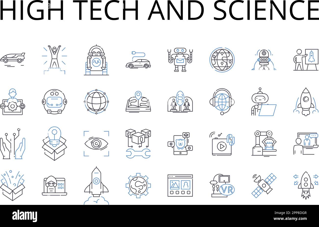 Colección de iconos de línea de alta tecnología y ciencia. Tecnología avanzada, ciencia de vanguardia, ciencia moderna, tecnología futurista, ciencia innovadora Ilustración del Vector