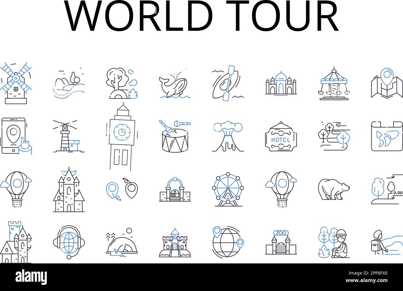 Colección de iconos de línea World tour. Viaje salvaje, Viaje urbano, Alta aventura, Daring odyssey, Viaje global, Continental hop, vector de itinerancia cultural y. Ilustración del Vector