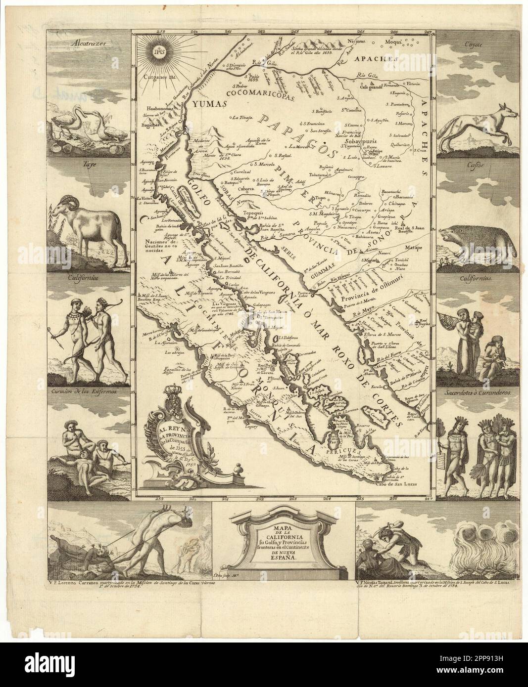 Mapa ilustrado vintage c. 1757 del bajo California, ahora la península de Baja California en México, y el mar de Cortés (Golfo de California). Las ilustraciones muestran a los pueblos indígenas y el martirio de los misioneros cristianos Foto de stock