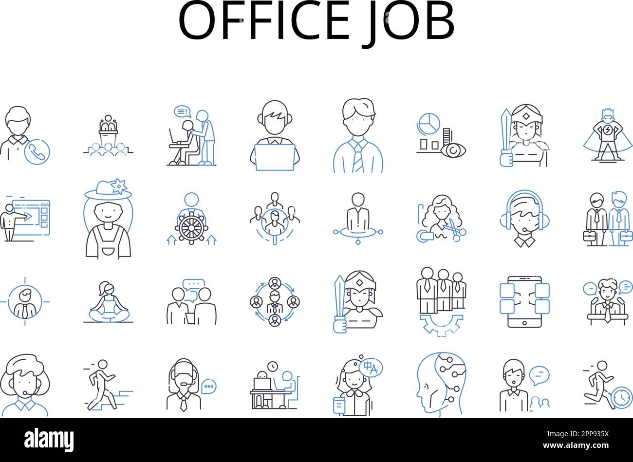 Colección de iconos de línea de trabajo de Office. Servicio de escritorio, Trayectoria profesional, Horario comercial, Trabajo profesional, Trabajo administrativo, Rol administrativo, Posición de trabajo Ilustración del Vector