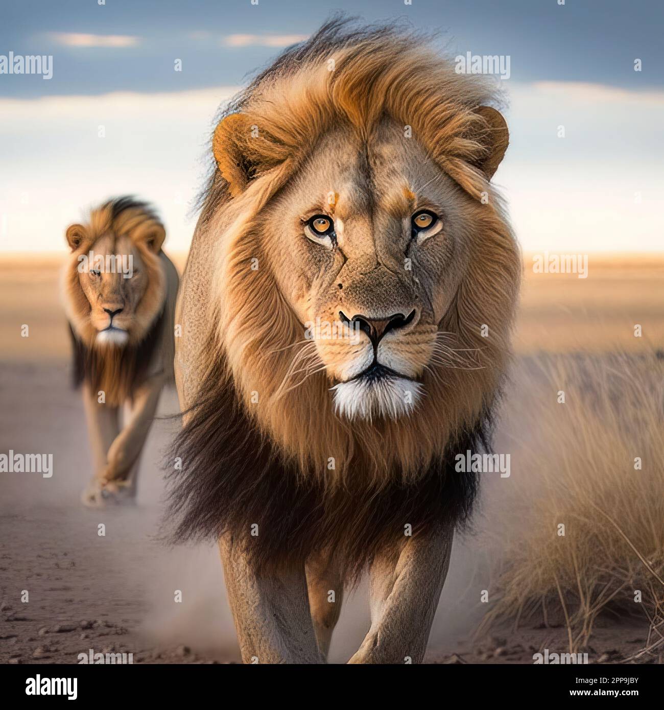 Una ilustración generada por la IA de impresionantes leones caminando uno  al lado del otro a través de un soleado paisaje desértico Fotografía de  stock - Alamy