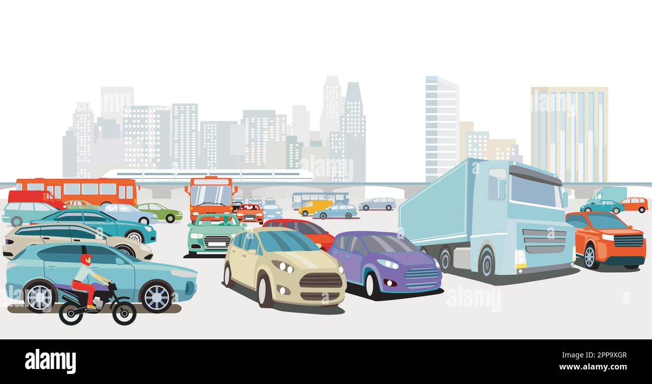 Tráfico por carretera, con camión y coche de pasajeros, ilustración Ilustración del Vector