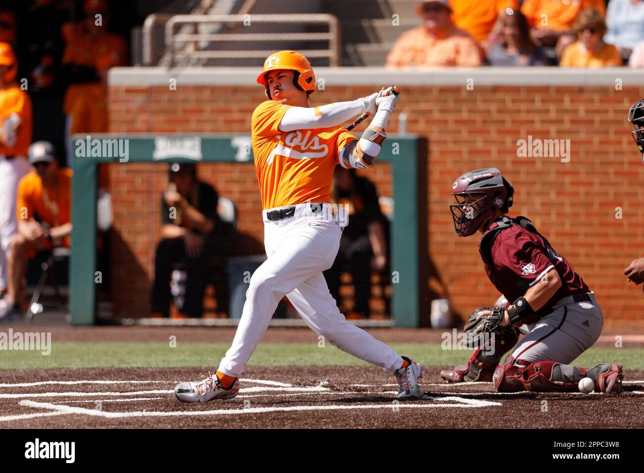 Tennessee Volunteers center fielder Hunter Ensley (9) at bat against the Texas A&M Aggies on