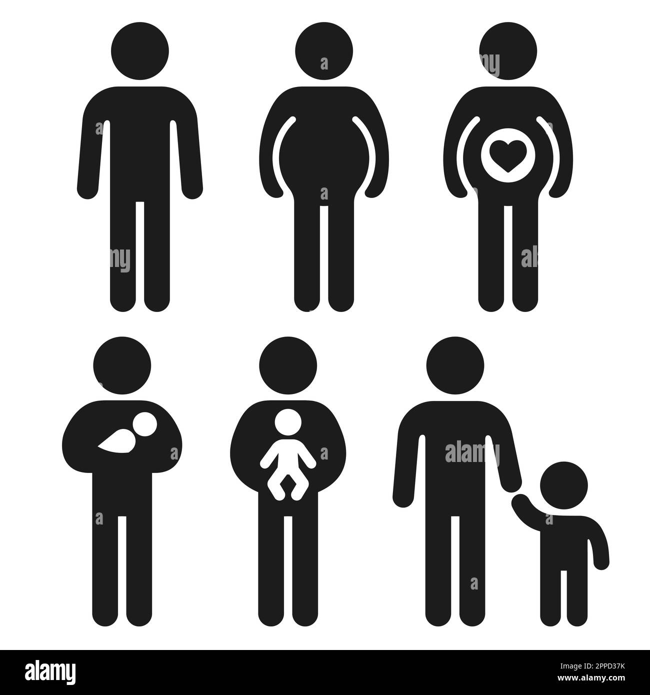 Embarazo, parto y paternidad etapas conjunto de iconos. Hombre o persona neutral de género figura de palo con bebé y niño. Ilustración del Vector