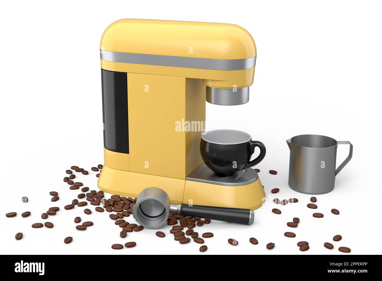 Máquina de café espresso con jarra de espuma de leche de acero y taza de  café de cerámica sobre fondo blanco. 3d render de la cafetera para hacer  cappuccino, am Fotografía de