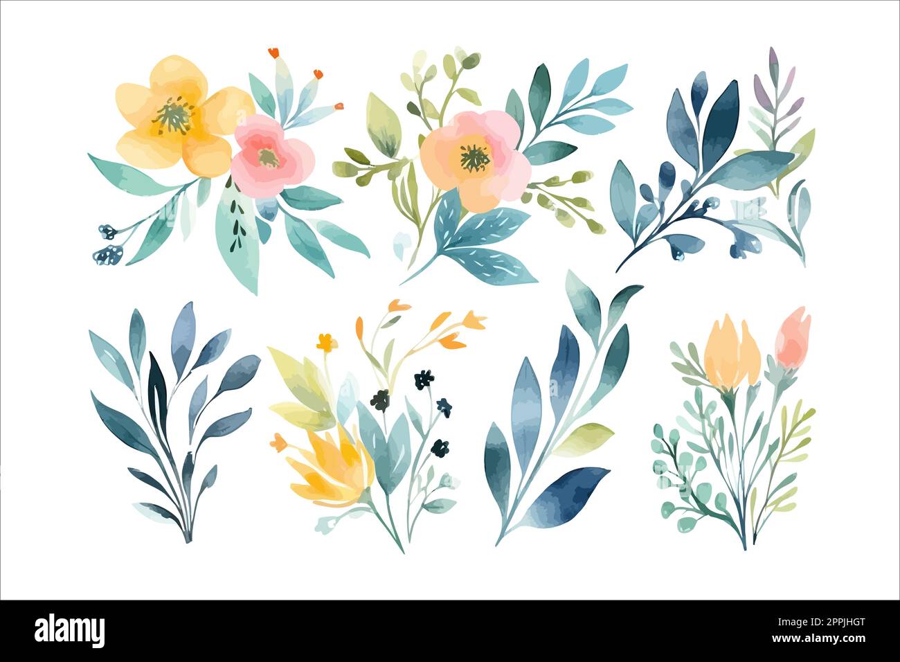 Conjunto de ilustración de ramo floral de acuarela - colección de