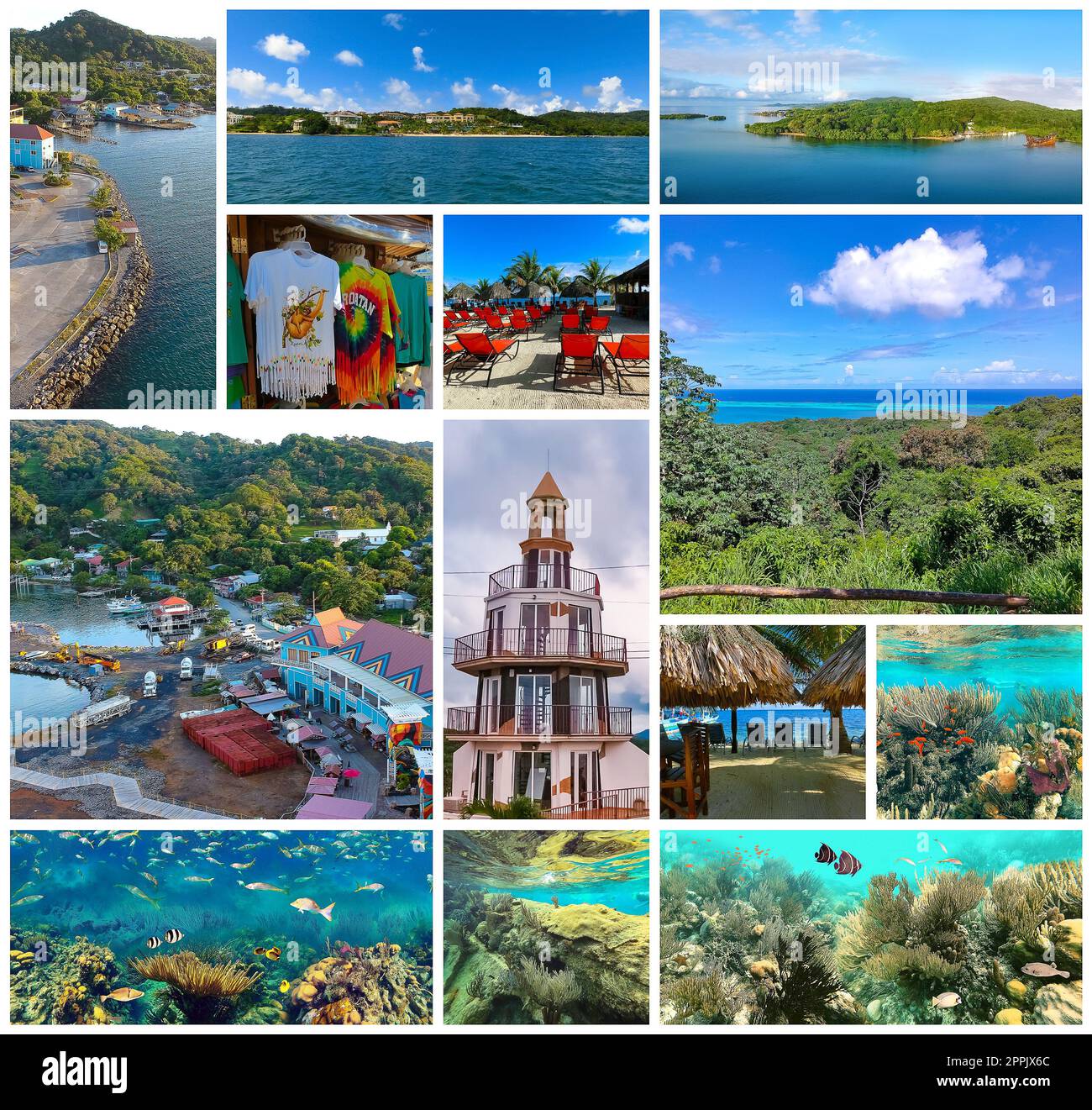 Collage sobre Roatán, Honduras - Vista superior del puerto y el centro de la ciudad del agujero de Coxen, buceo submarino y pesca en barco en el mar Caribe Foto de stock