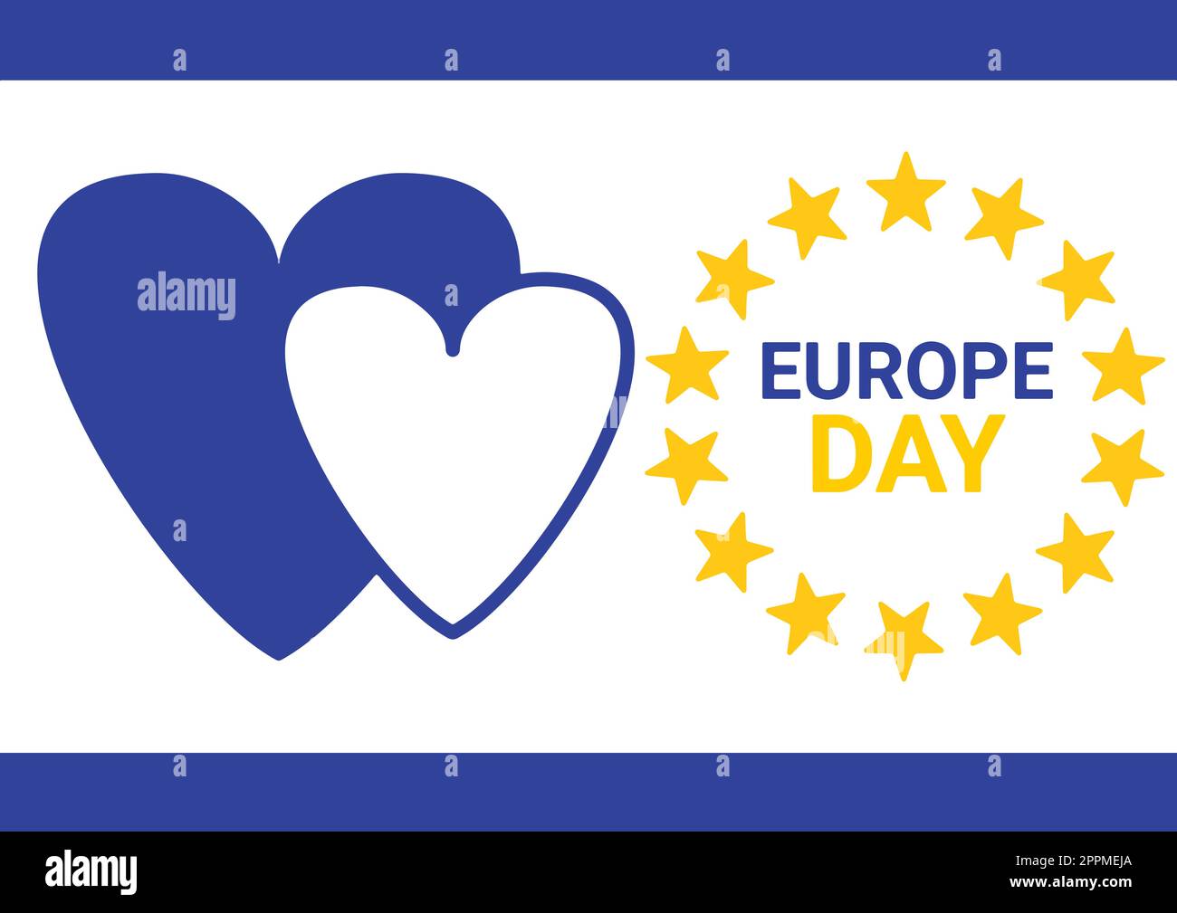 Día de Europa. Bandera de la Unión Europea con dos corazones. Ilustración vectorial de la bandera de la UE. Adecuado para tarjetas de felicitación, carteles y pancartas. Ilustración vectorial Ilustración del Vector
