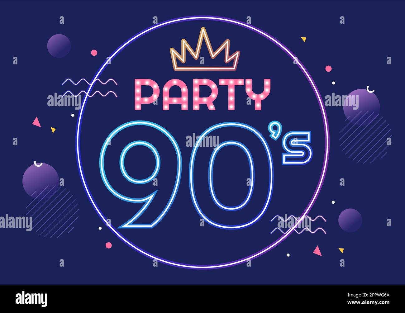 90s Retro Party Cartoon Ilustración de fondo con música de los años 90, deportivos, radio, tiempo de baile y cinta en el moderno diseño de estilo plano Ilustración del Vector