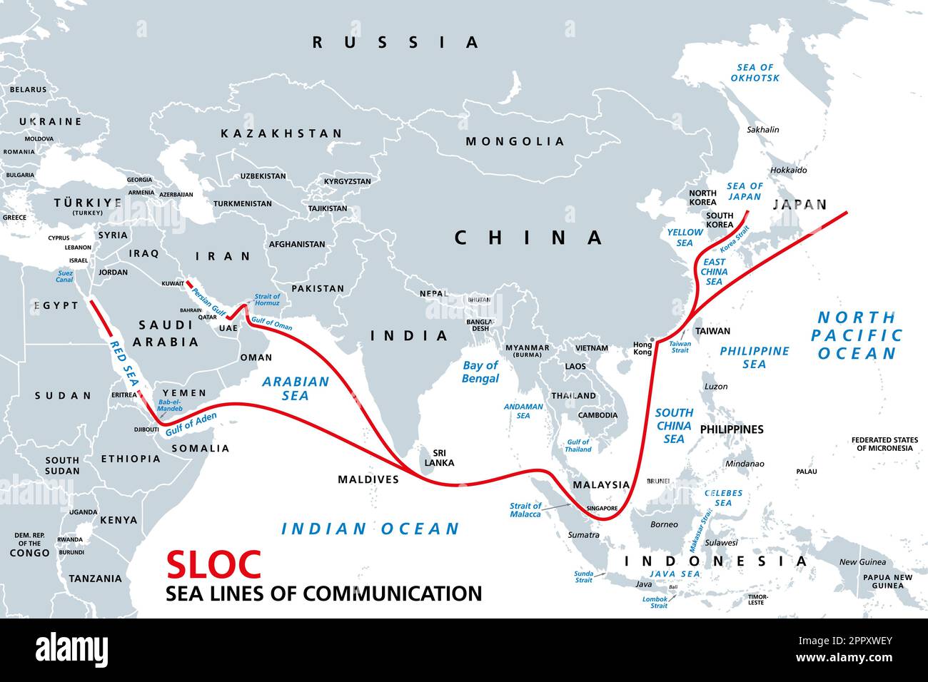 SLOCs de las principales energías del Indo-Pacífico, Líneas de Comunicación del Mar, mapa Ilustración del Vector