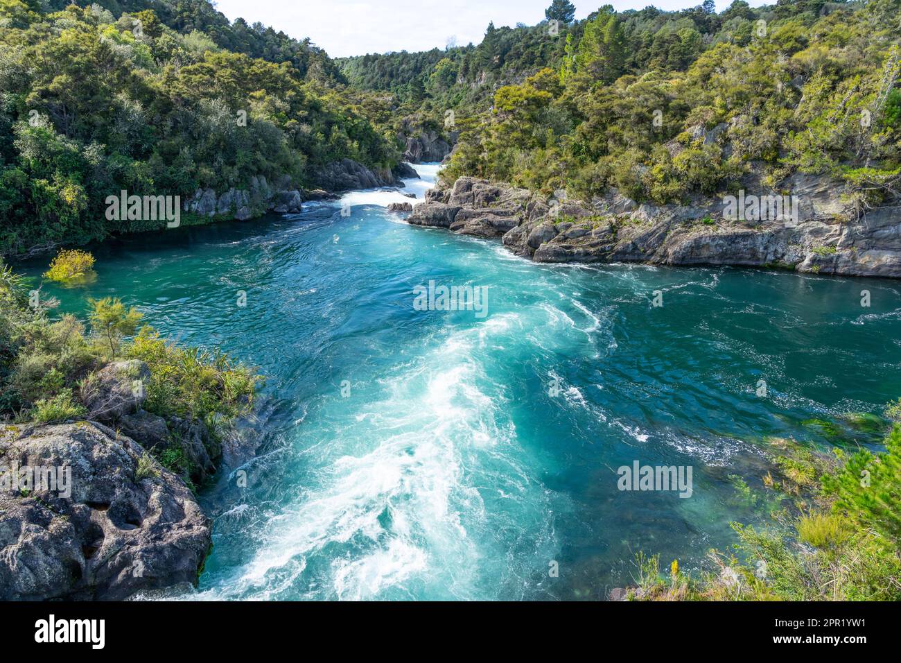 Río Waikato en Aratiatia surge entre paredes rocosas de barranco cubierto de arbustos verdes Foto de stock