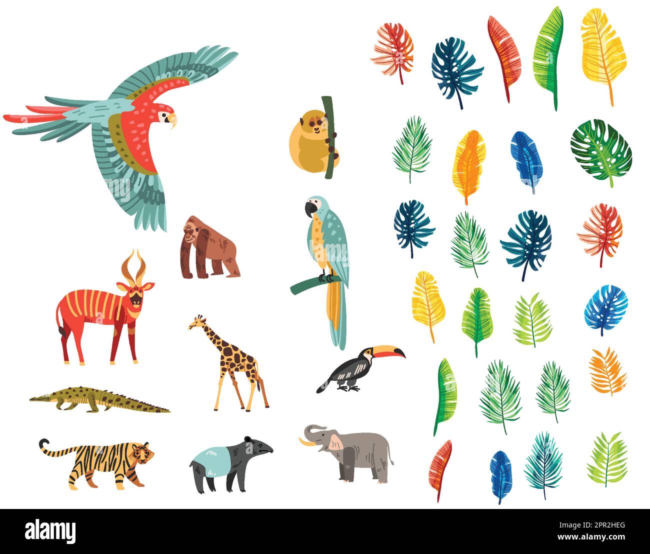 conjunto de iconos aislados con aves exóticas animales salvajes con plantas tropicales árboles Ilustración del Vector