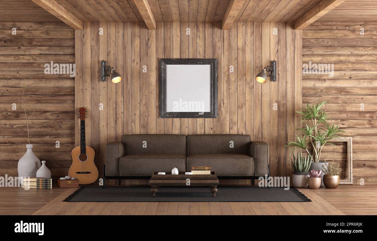Sala de estar de madera de estilo rústico con sofá marrón, guitarra clásica  y póster de mockup - 3D render Fotografía de stock - Alamy
