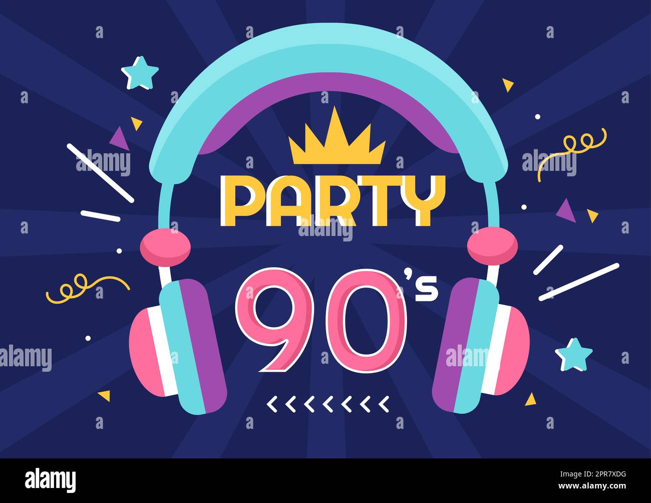 90s Retro Party Cartoon Ilustración de fondo con música de los años 90, deportivos, radio, tiempo de baile y cinta en el moderno diseño de estilo plano Foto de stock