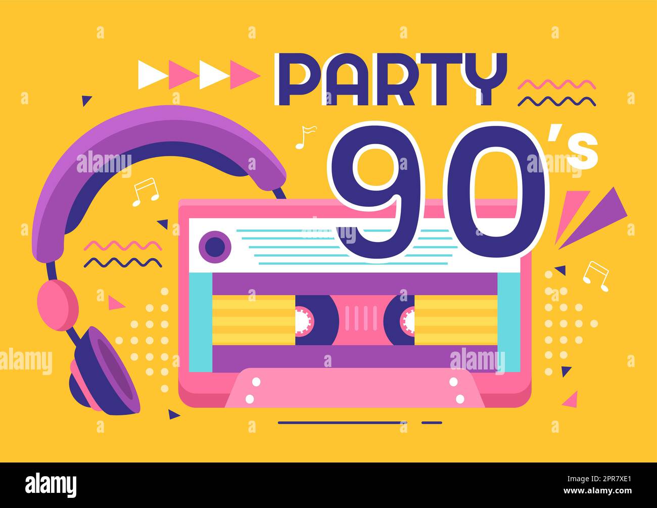 90s Retro Party Cartoon Ilustración de fondo con música de los años 90, deportivos, radio, tiempo de baile y cinta en el moderno diseño de estilo plano Foto de stock