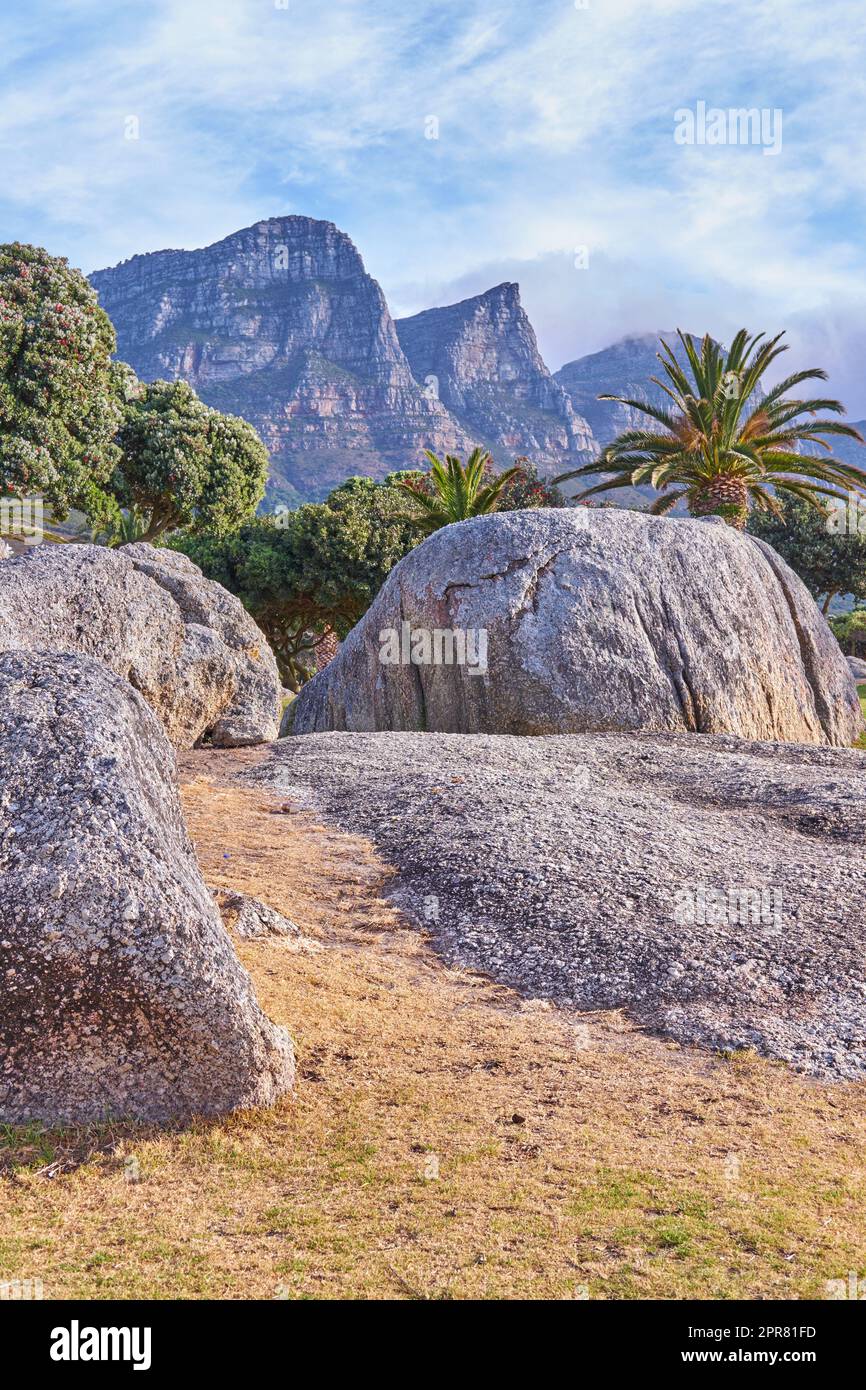 Camps Bay, Parque Nacional de la Montaña de la Mesa, Ciudad del Cabo, Sudáfrica durante el verano. Rocas y rocas contra un majestuoso fondo de montaña con exuberantes palmeras verdes y un cielo azul claro Foto de stock