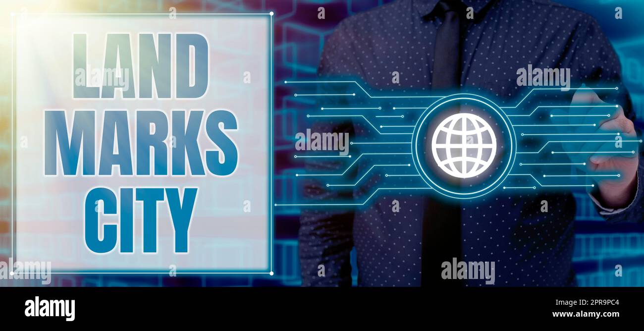 Señal que muestra Land Marks City. Concepto que significa importantes lugares de arquitectura en