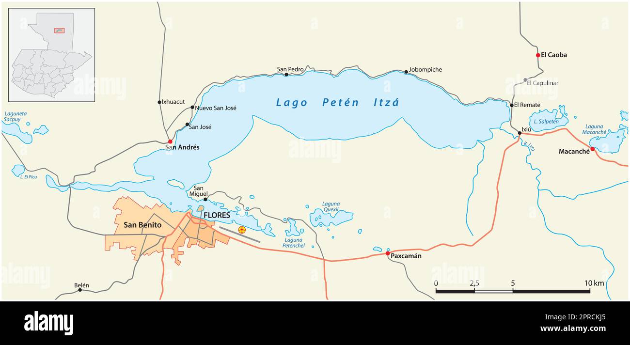 Mapa vectorial del Lago Petén Itzá en Guatemala Imagen Vector de stock