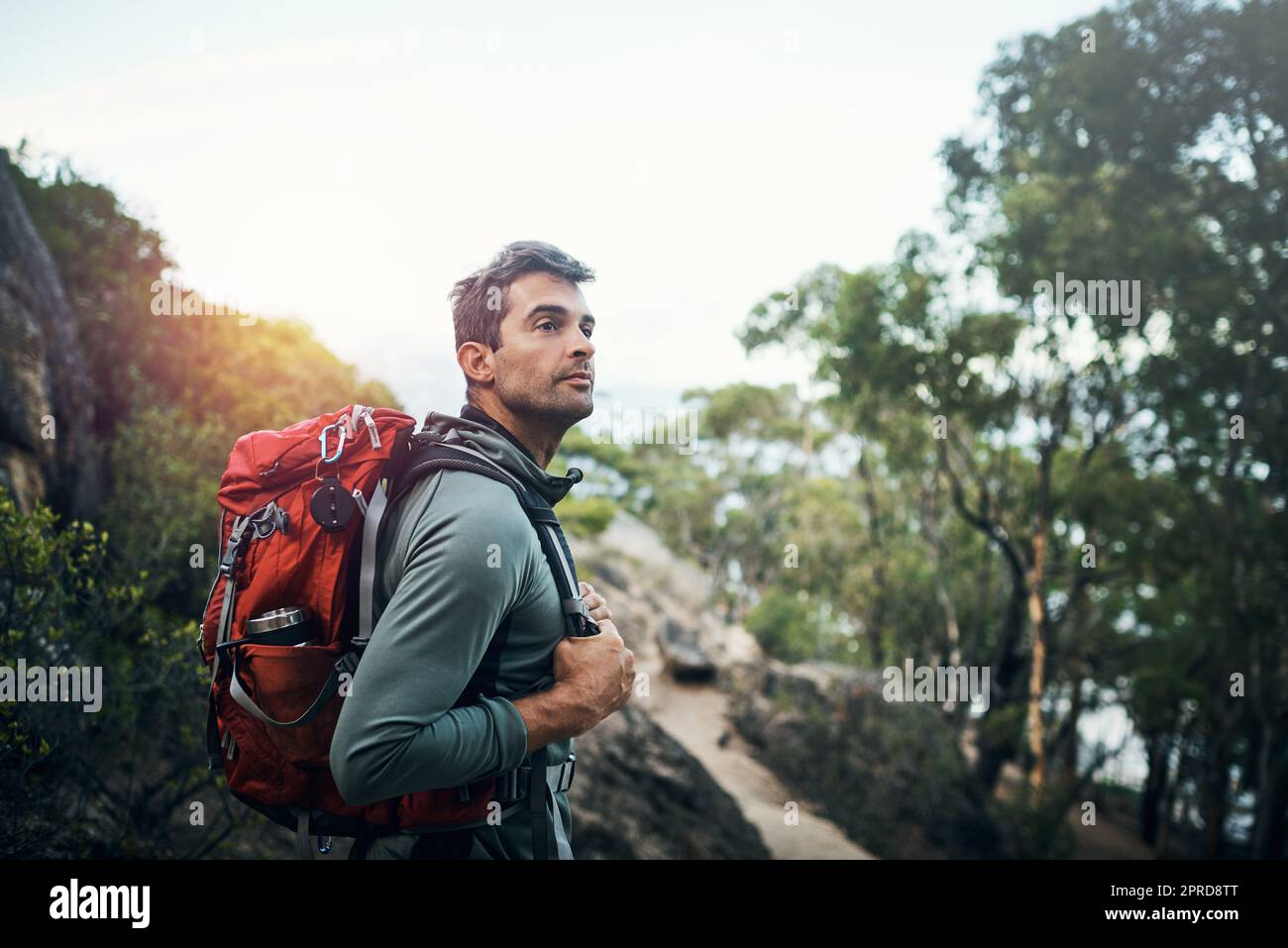 La naturaleza tiene tanta belleza: Un joven alegre que lleva una mochila y listo para subir una montaña. Foto de stock