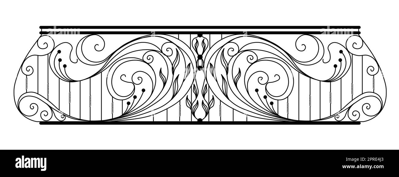 balcón de hierro forjado. Barandilla de metal negro con adornos forjados  sobre fondo blanco. Entrada a la terraza decorada con vector de acero.  Antiguo vi Fotografía de stock - Alamy