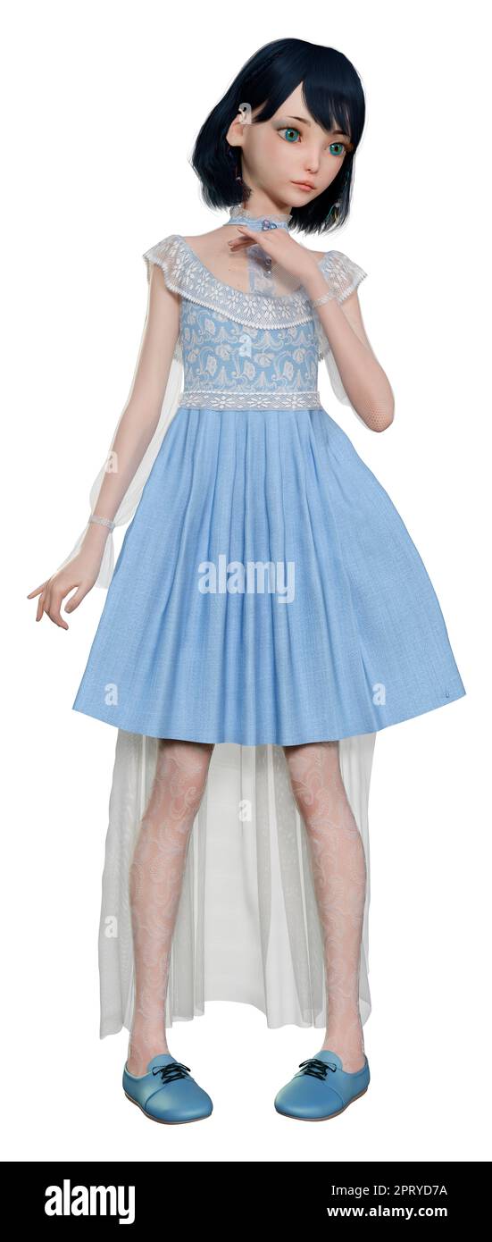3D Representaci n de una mu eca bonita en un vestido vintage azul