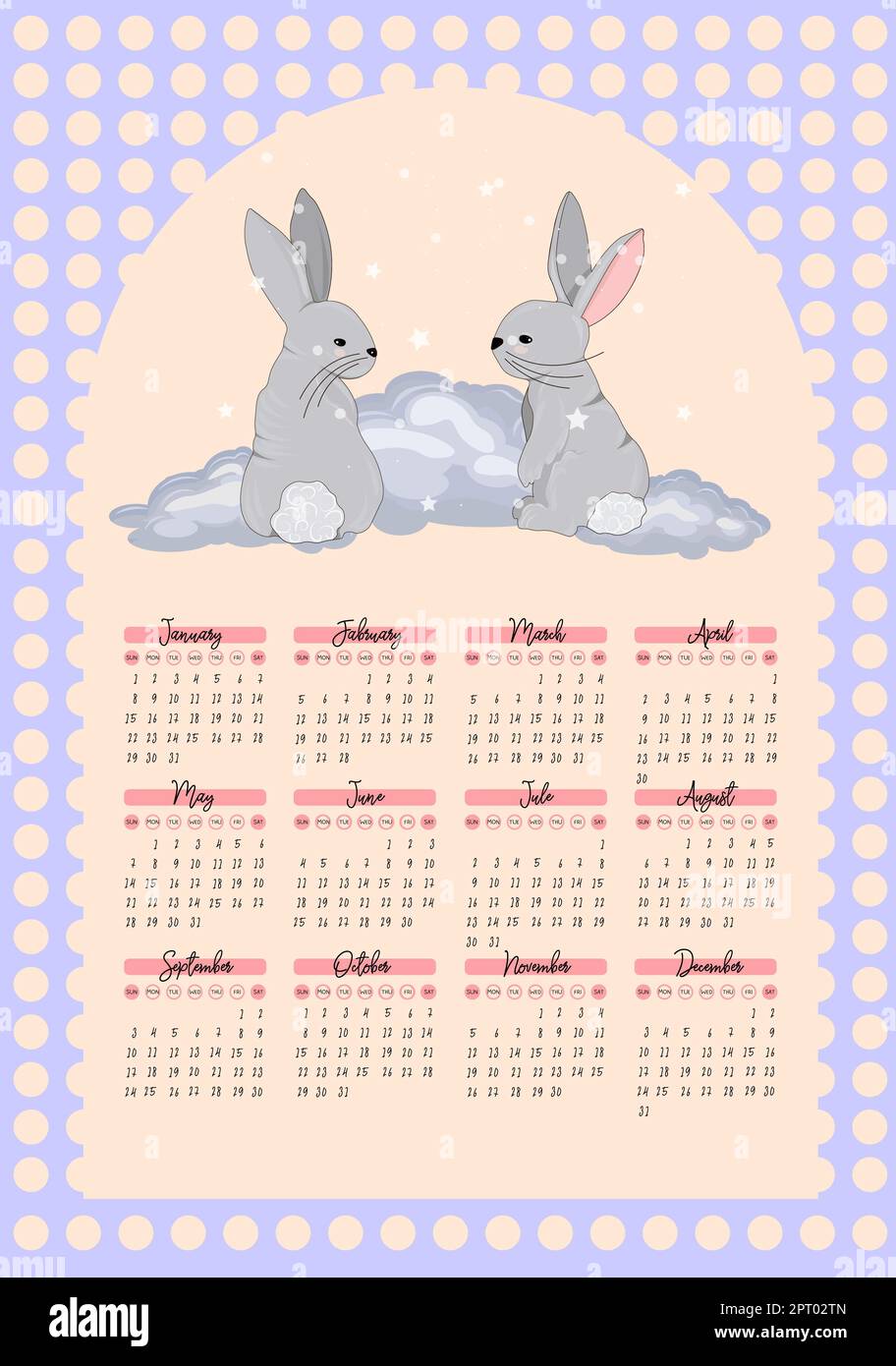 calendario 2023 con lindo conejo. Calendario de páginas verticales de 12  meses símbolo de mascota de personaje de liebre año. lindo conejito 2023 al  calendario chino. ilustración vectorial 8568191 Vector en Vecteezy