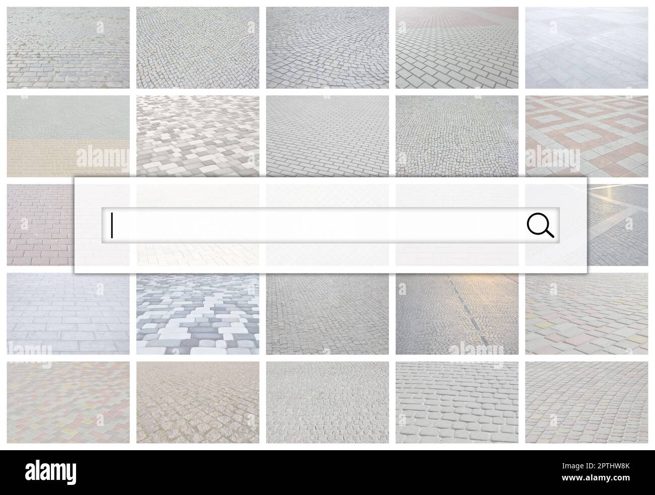 Visualización de la barra de búsqueda en el fondo de un collage de muchas imágenes con fragmentos de baldosas cerca. Conjunto de imágenes con pavimento s Foto de stock