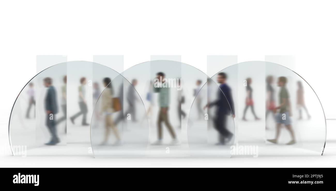 Gente de negocios en el aeropuerto caminando detrás de vidrio borroso. 3D renderizado plantilla de diseño de ilustración para negocios, expo, feria comercial, banner web, cartel. Foto de stock