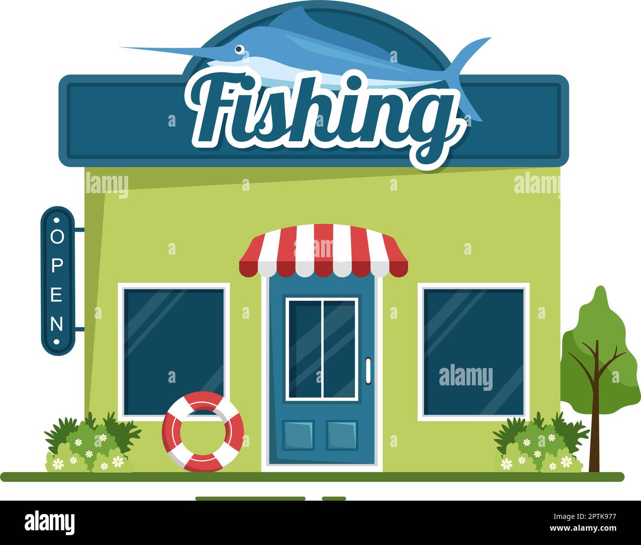 Tienda de pesca que vende varios equipos o artículos de pesca en  ilustración plana