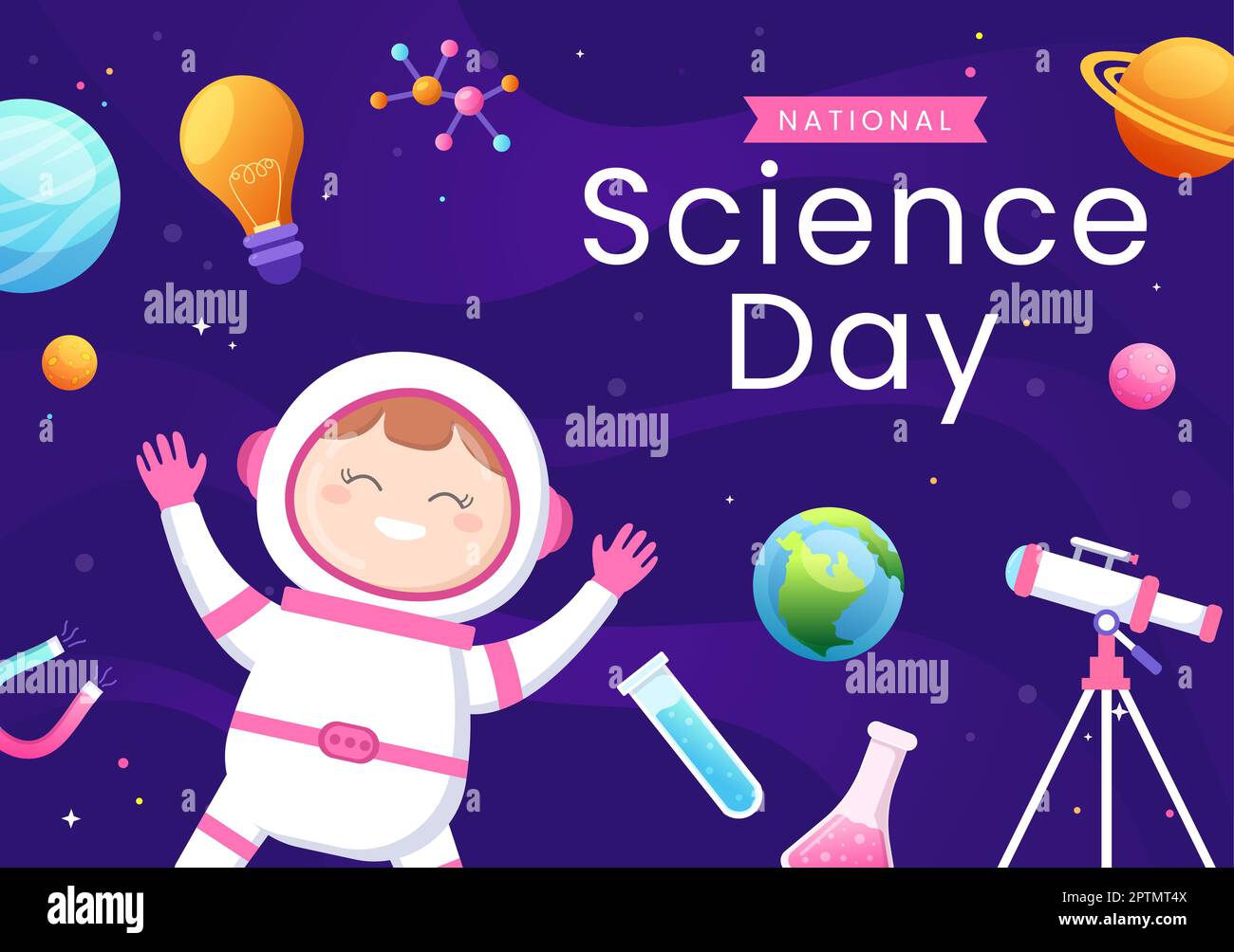 Día Nacional de la Ciencia 28 de febrero Relacionado con Líquido Químico, Científico e Investigación con Niños en Cartoon Plano Plantillas Dibujadas a mano Ilustración Foto de stock