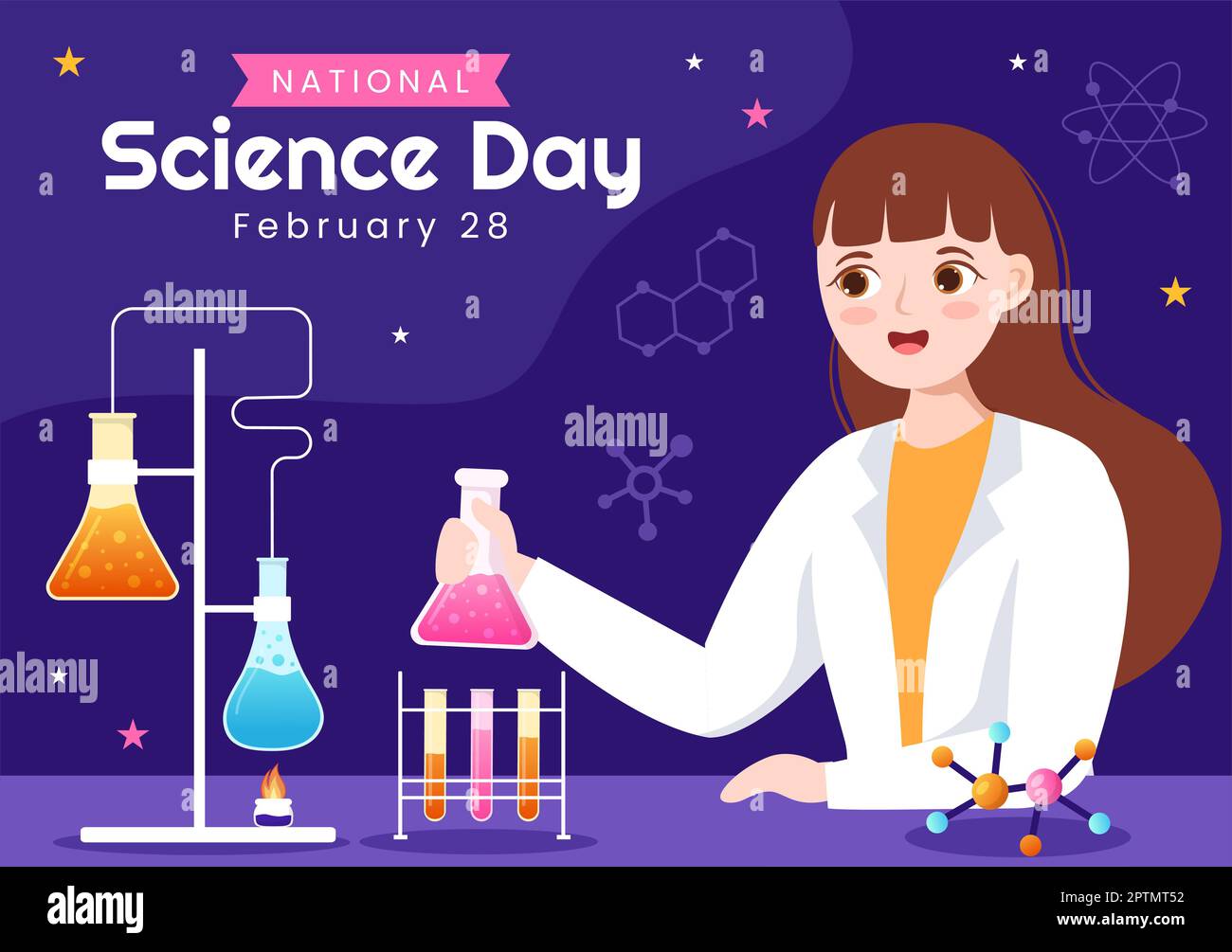 Día Nacional de la Ciencia 28 de febrero Relacionado con Líquido Químico, Científico, Médico e Investigación en Cartoon Plano Plantillas Dibujadas a mano Ilustración Foto de stock