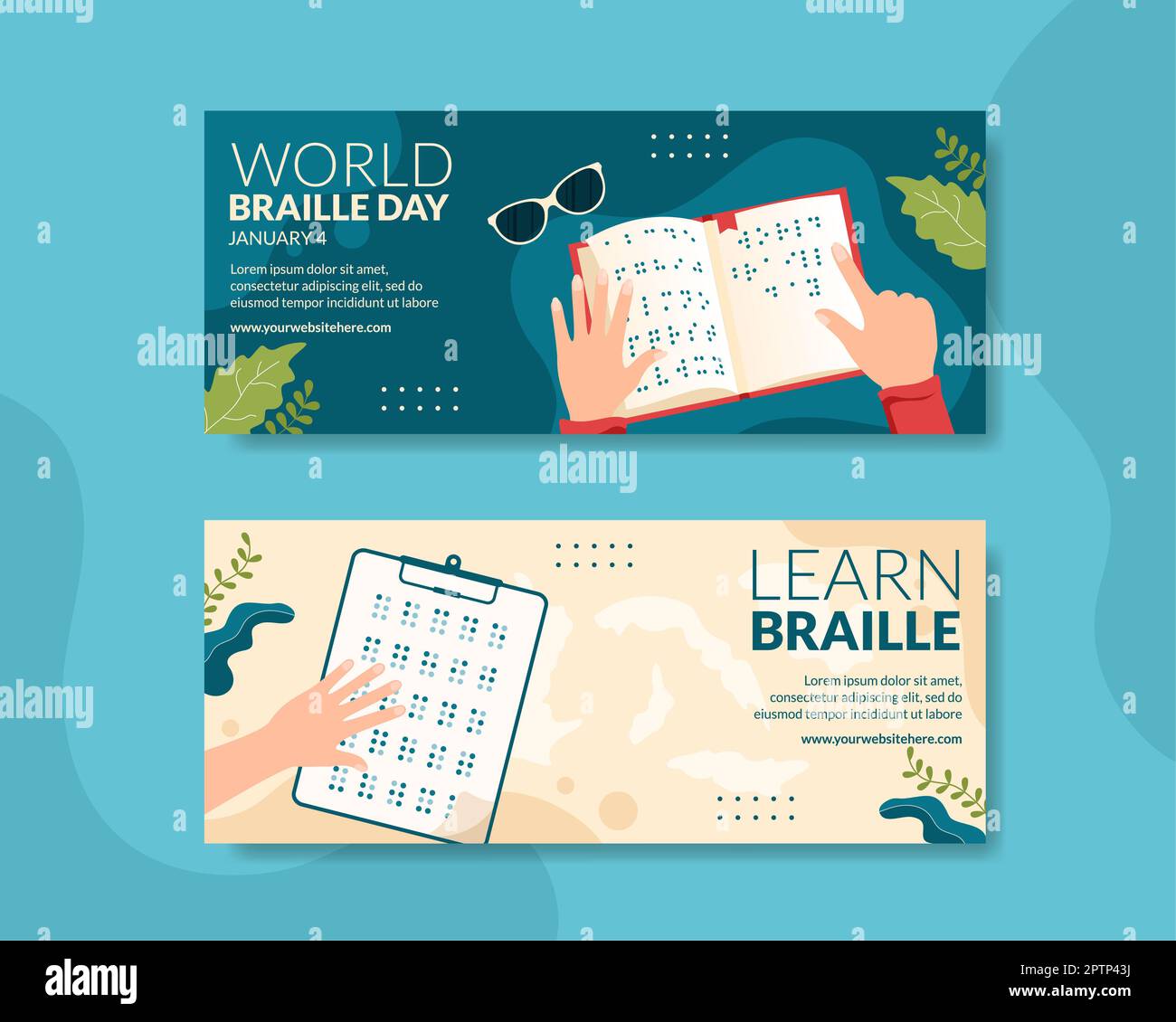 Banner del Día Mundial de Braille Flat Cartoon Plantillas dibujadas a mano Ilustración Foto de stock