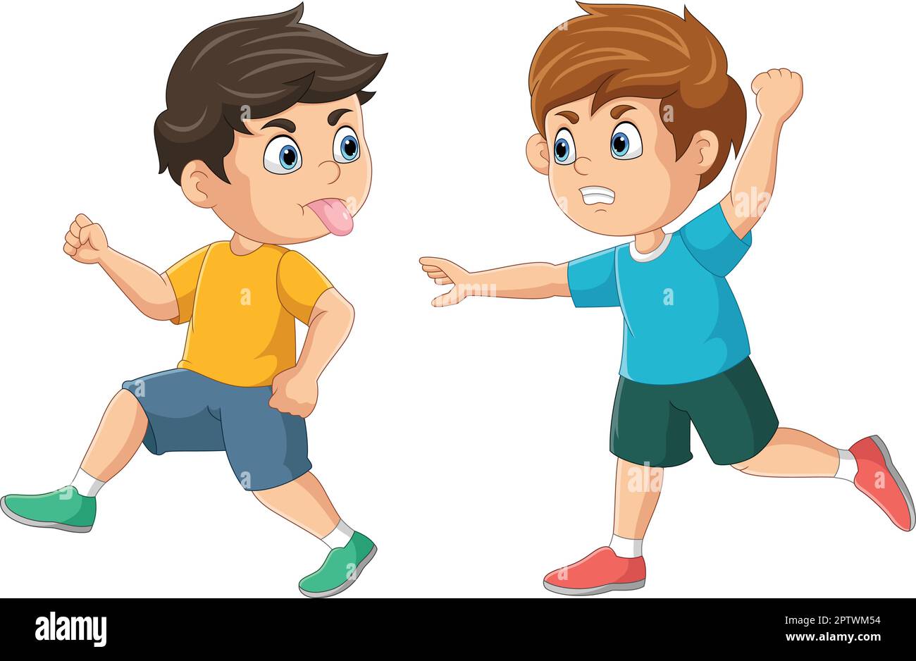 Dibujos animados mal chico corriendo con la lengua y la cara mugrienta a un amigo enojado Ilustración del Vector