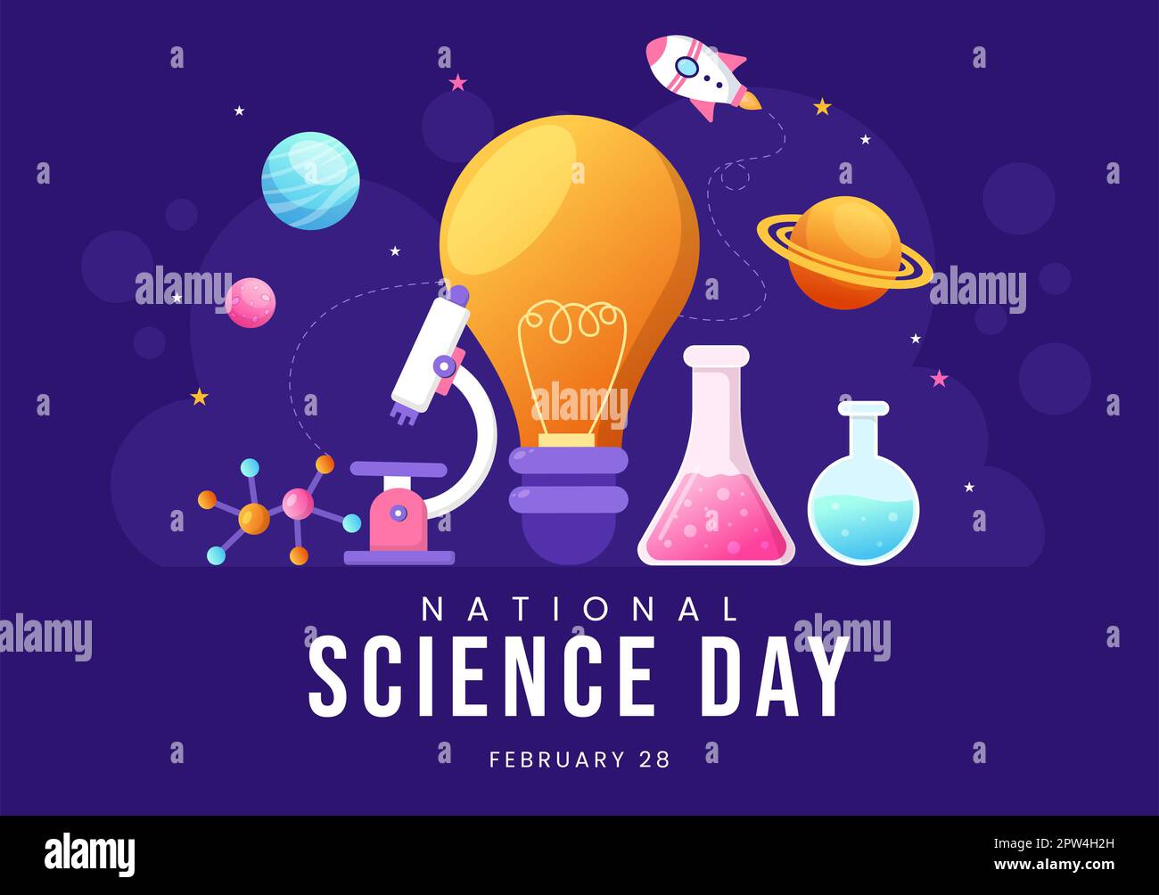 Día Nacional de la Ciencia 28 de febrero Relacionado con Líquido Químico, Científico, Médico e Investigación en Cartoon Plano Plantillas Dibujadas a mano Ilustración Foto de stock