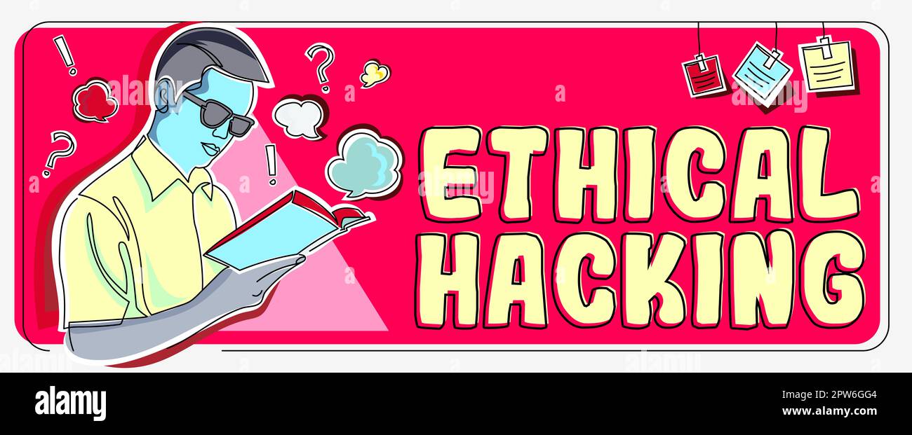 Texto que muestra la inspiración Ético hacking, idea de negocio acto de localizar debilidades y vulnerabilidades de la computadora Foto de stock