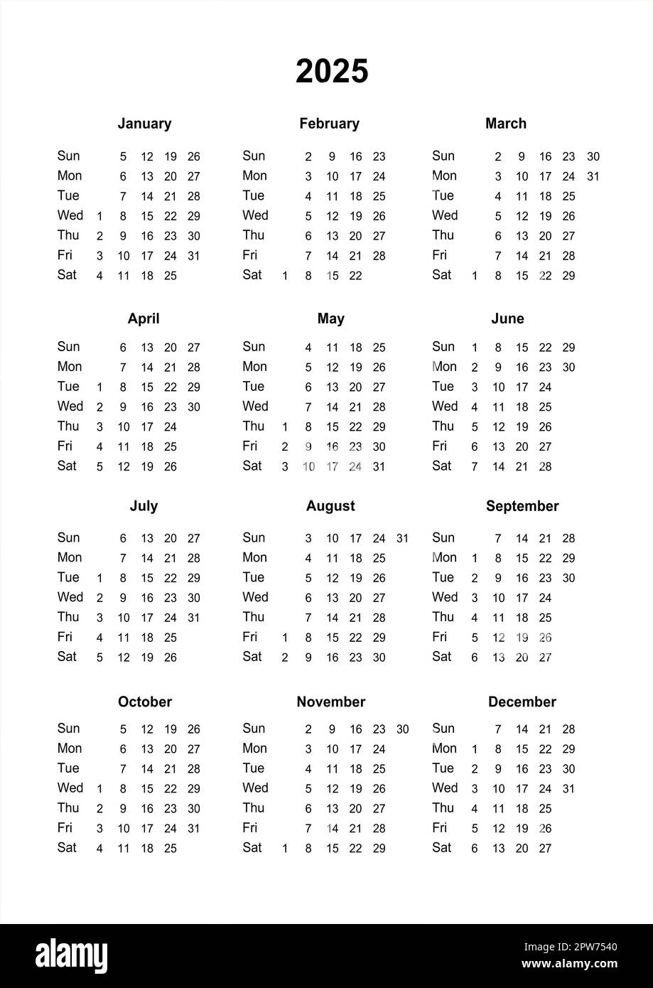 Calendario 2025. Calendario imprimible para 2025. Comienzo del domingo