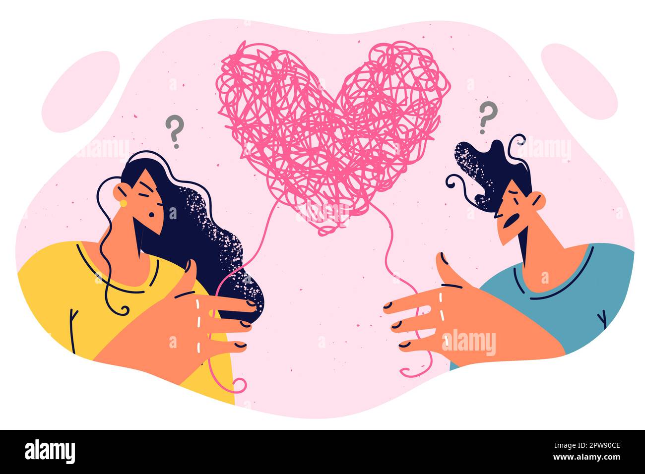 Hombre y mujer confundidos en sentimientos y relación están de pie cerca de coágulo de hilo en forma de corazón Ilustración del Vector