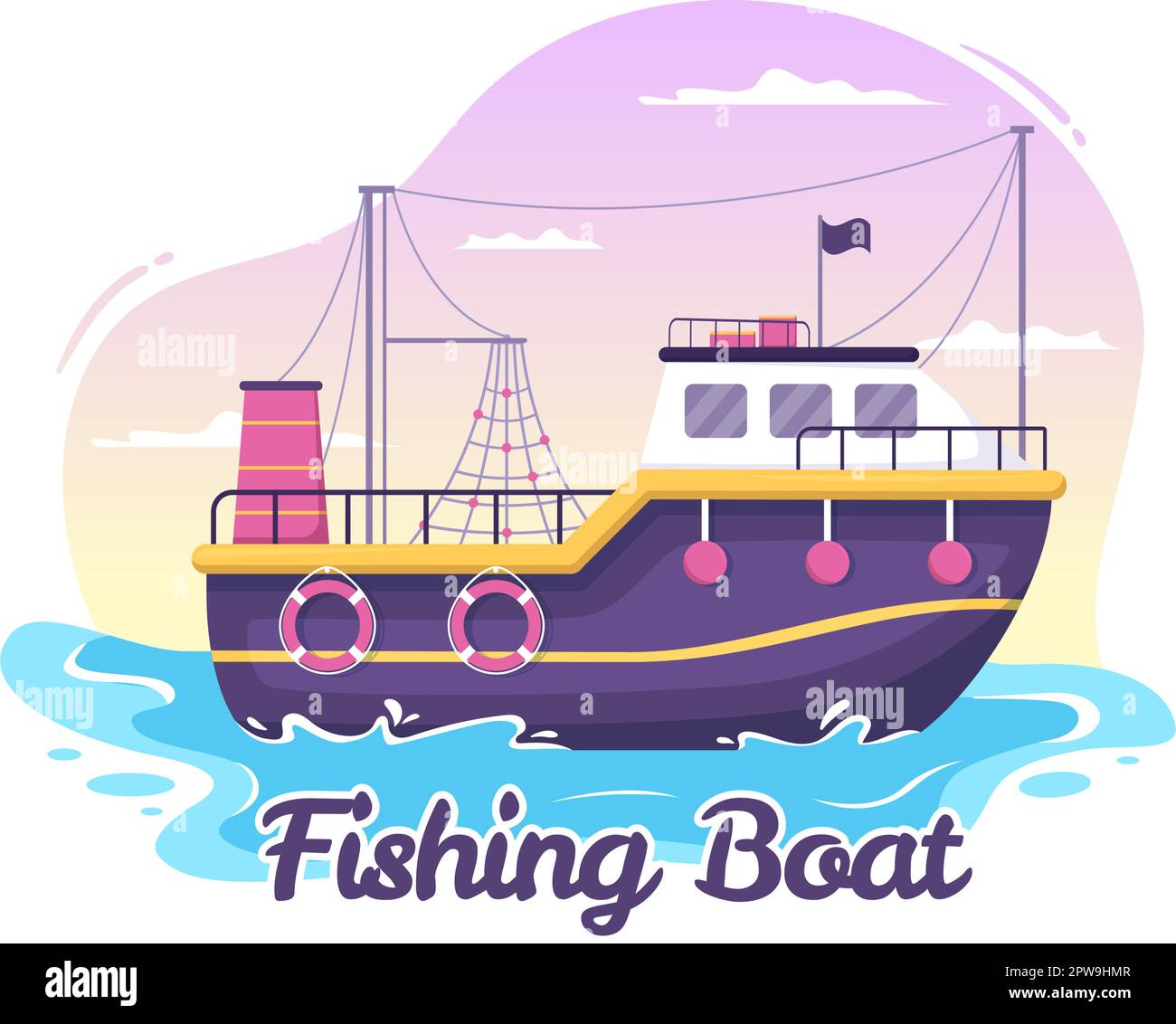 Ilustración de barco de pesca con pescadores de caza de peces usando barco para banner web o página de aterrizaje en dibujos animados planos Dibujado a mano Plantillas vectoriales Ilustración del Vector