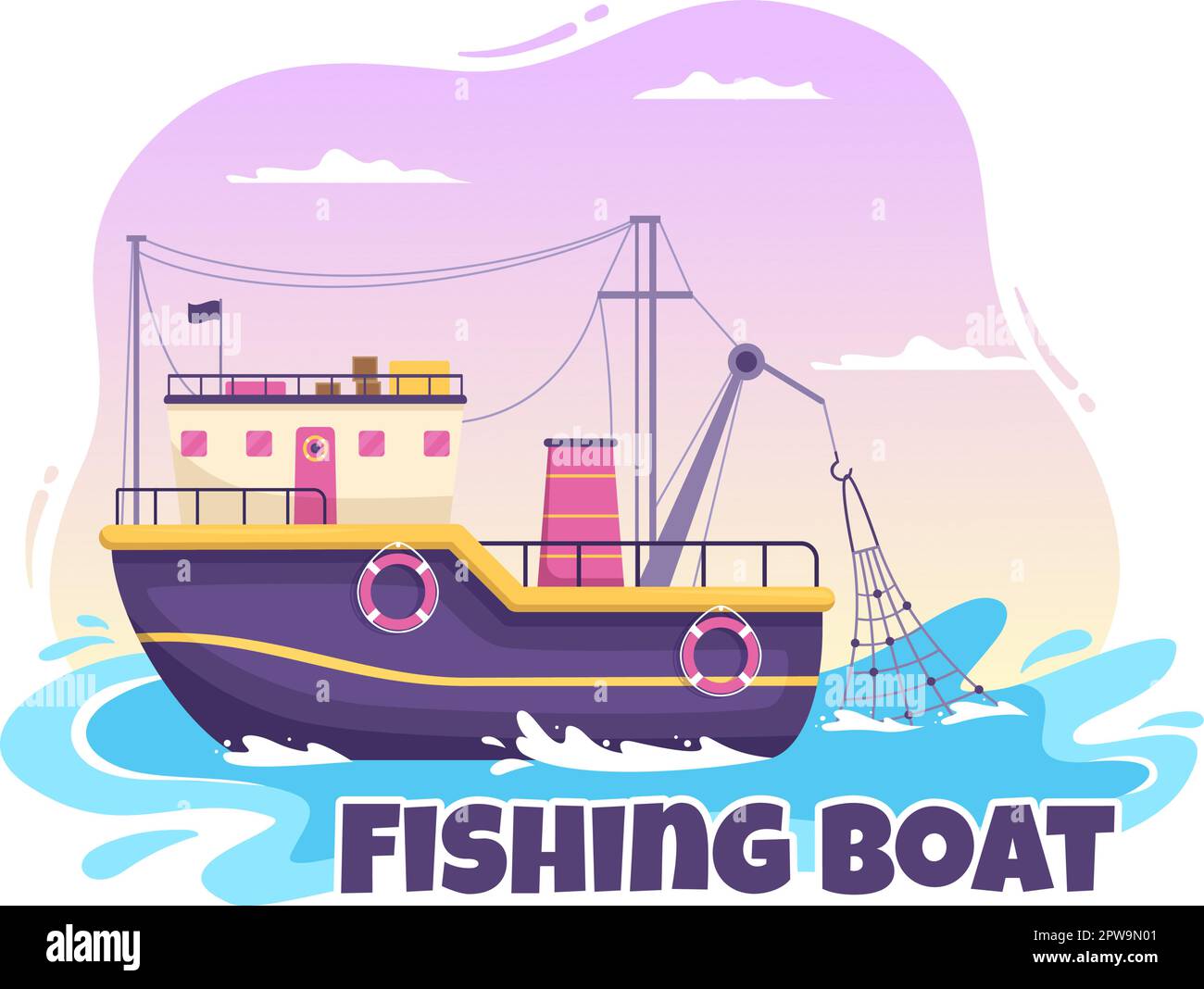 Ilustración de barco de pesca con pescadores de caza de peces usando barco para banner web o página de aterrizaje en dibujos animados planos Dibujado a mano Plantillas vectoriales Ilustración del Vector